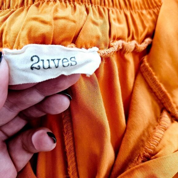 2uves Spain Wide Leg High Waist Pleated Satin Elastic Back Trousers in Orange M - Picture 6 of 8